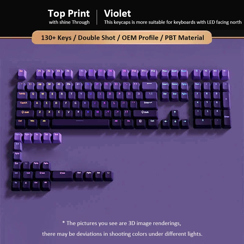 Perfil OEM violeta degradado personalizado, tapa de tecla con brillo superior, teclas PBT de doble disparo, 130 teclas para interruptores MX, teclado para juegos - imagen 5