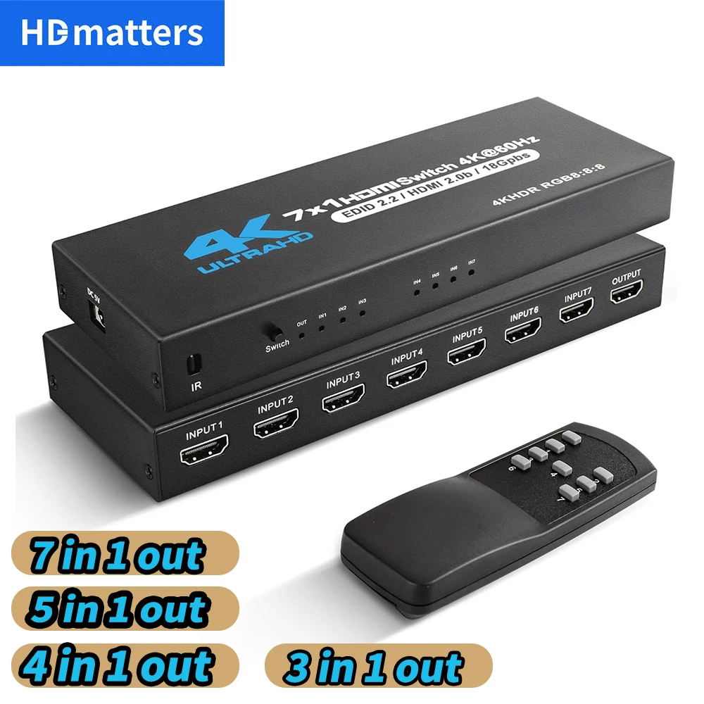 Conmutador HDMI 7 Entradas 4K 60Hz HDR – Mando a Distancia para PS5 Xbox Switch