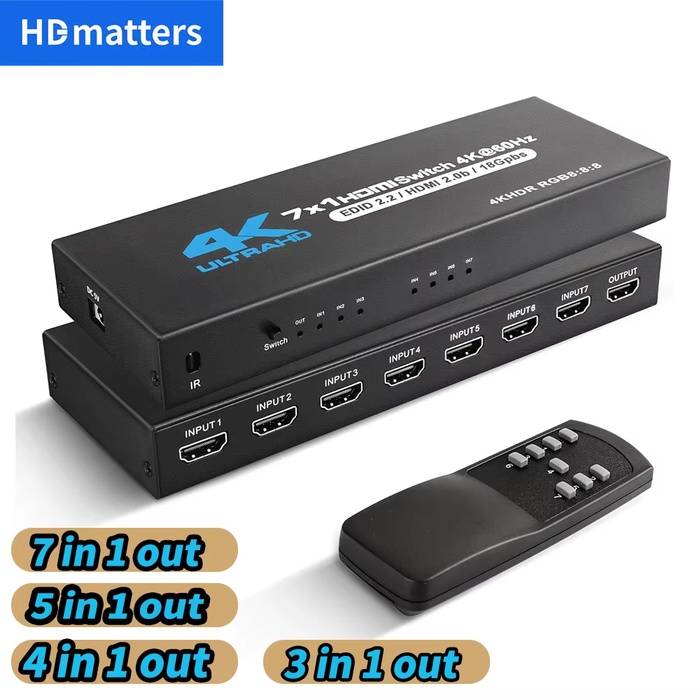 Conmutador HDMI 7 Entradas 4K 60Hz HDR – Mando a Distancia para PS5 Xbox Switch