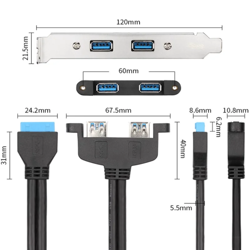 50cm 5Gbps 2 puertos USB 3,0 Panel trasero hembra a placa base adaptador de Cable conector de cabecera de 20 pines con soporte de placa de ranura PCI - imagen 2