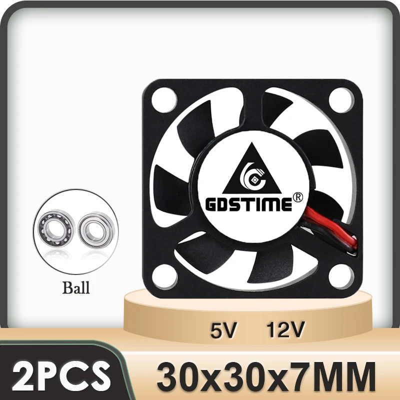 Gdstime-Mini ventilador de refrigeración sin escobillas, 2 piezas, 3cm, 30mm x 30mm x 7mm, cc 5V, 12V, 30x7mm, 2 pines, 30mm x 7mm, 30x30mm, manga 2,0