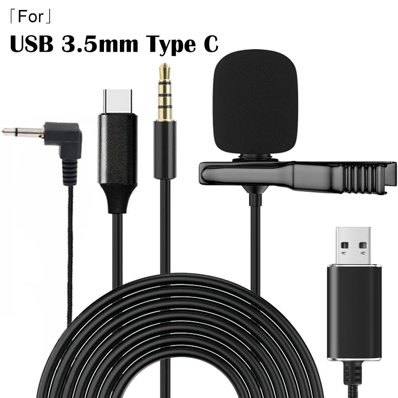 Mini micrófono USB tipo C para PC, Lapel Lavalier con Clip para teléfono Samsung, Huawei, cámara de 3,5mm