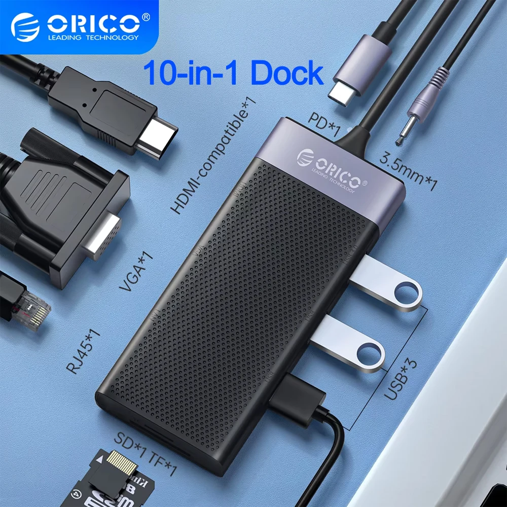ORICO-estación de acoplamiento 10 en 1 tipo C a 4K HDMI SD y TF VGA RJ45, Audio de 3,5mm para Macbook Pro, portátil, accesorios para Pc, concentrador USB ﻿ - imagen 2