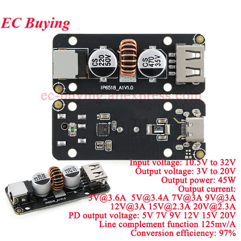 2Pcs/1pc IP6518 45W 10.5-32V to 3-20V Full Protocol Fast Charging Board Module Qualcomm QC3.0 FCP BC1.2 PD Mobile Phone Android