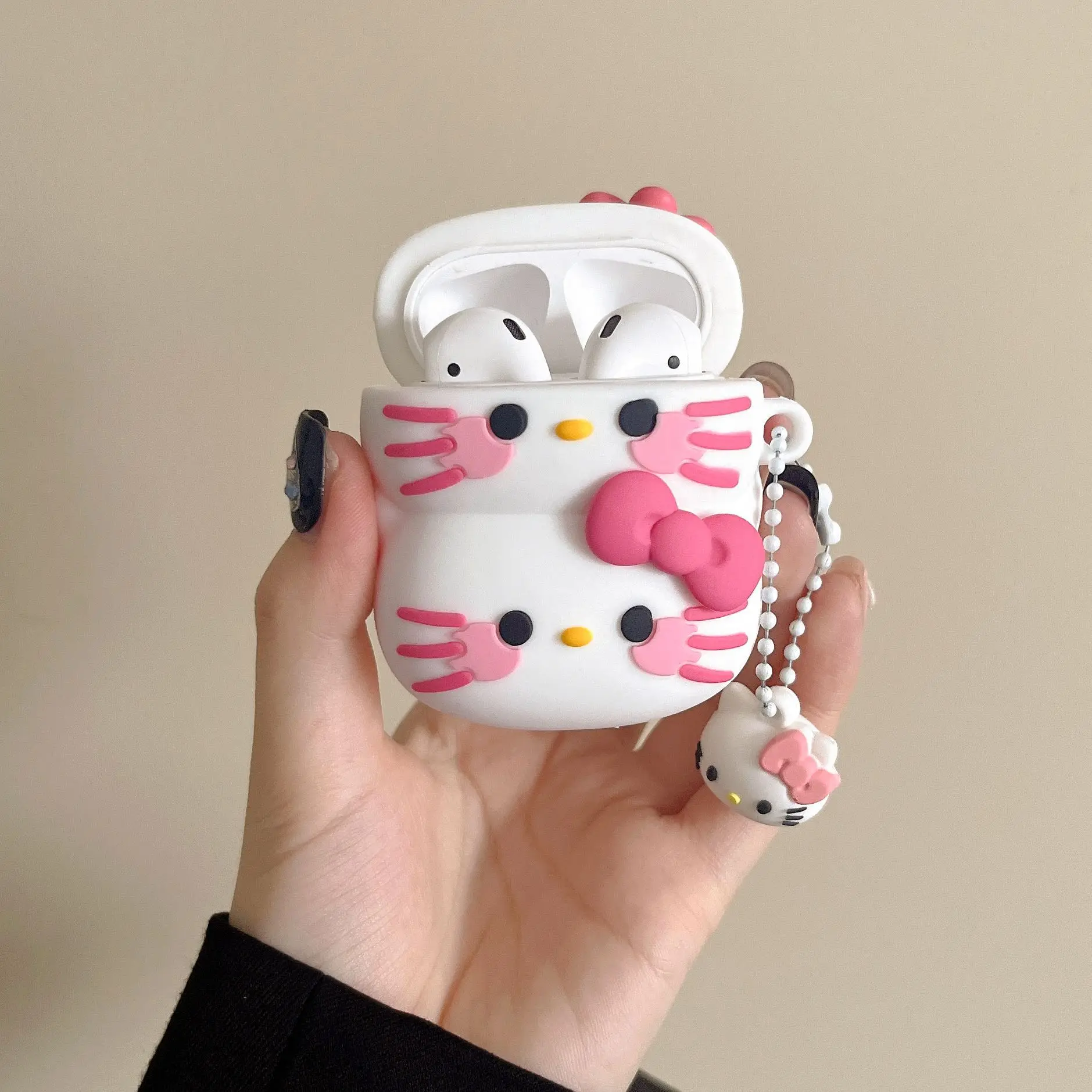 Funda protectora de silicona para auriculares, funda doble de Hello Kitty con llavero para Airpod Pro 2, Air pods 1 y 2 - imagen 3