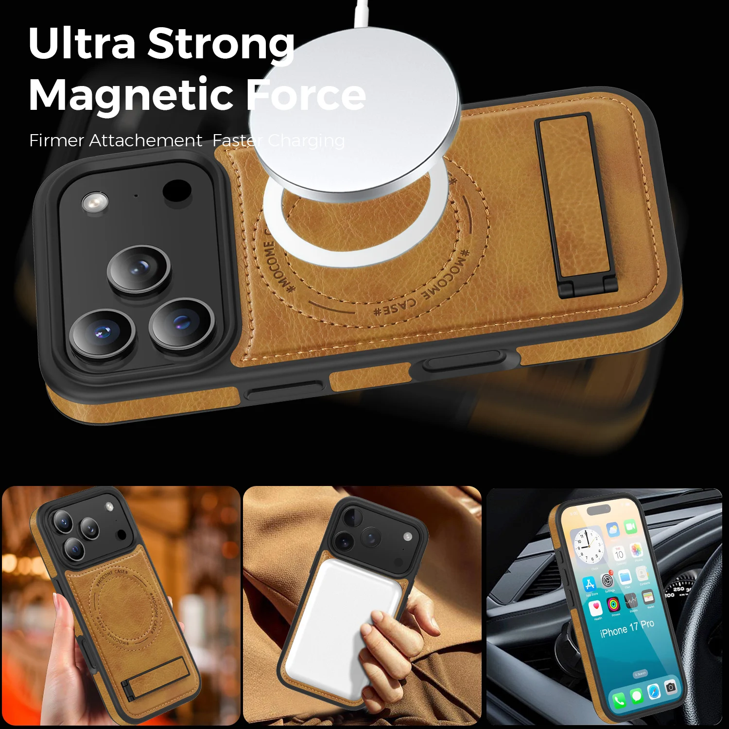 Para Magsafe Pu Funda de cuero con soporte para IPhone 17 16 15 14 Plus 13 12 11 Pro Max 17Air cubierta magnética de carga inalámbrica a prueba de golpes - imagen 3
