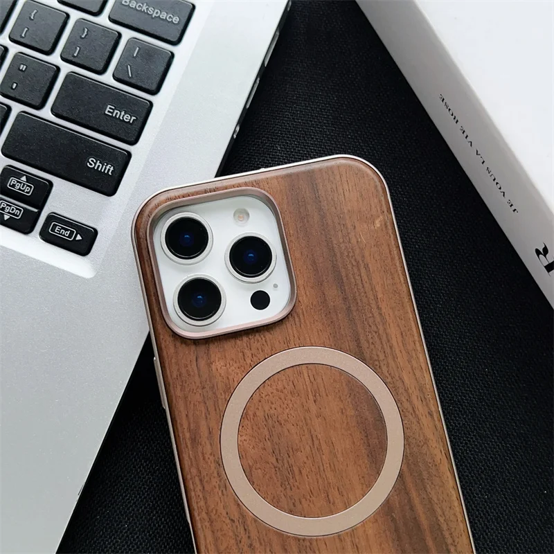 Para Magsafe hebilla elástica aleación de madera funda de teléfono híbrido para iPhone 15 16 Pro Max marco de aleación de aluminio cubierta de carga inalámbrica - imagen 5