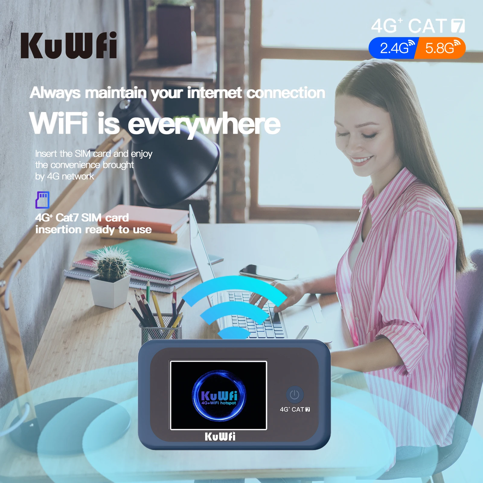 KuWFi CAT7 4G + LTE Router 1200Mbps 2,4G 5G WiFi único portátil viaje 4G módem móvil batería de 3000mAh 10 usuarios con ranura USIM - imagen 4