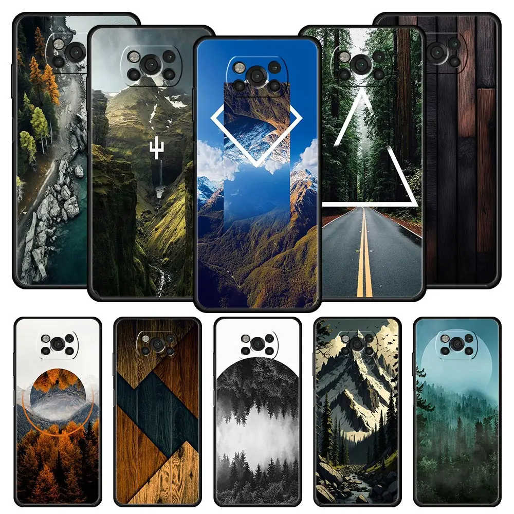 Funda de teléfono de madera geométrica de bosque para Xiaomi Poco X6 X5 Pro X4 X3 NFC F5 Pro F4 F3 GT M5 M4 Pro 5G M3 C51 C50 C55