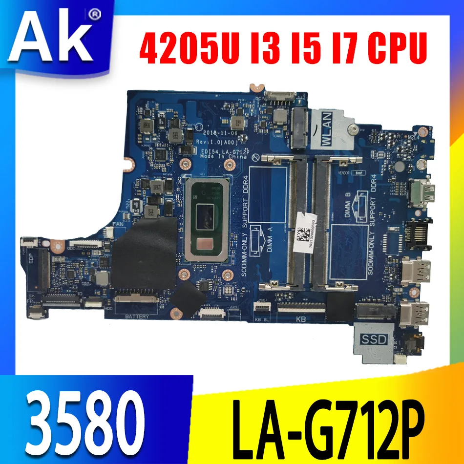 Para DELL 3480 3580 3780 3583 placa base portátil LA-G712P 04205U 5405U i3-8145U i5-8265U i7-8565U placa base completamente probada