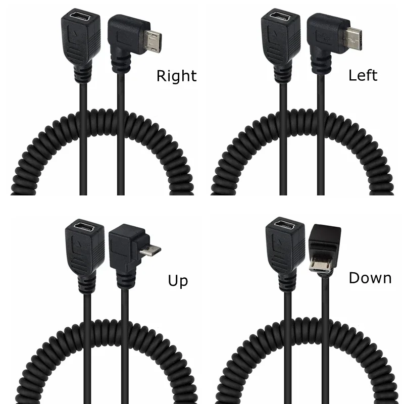 90 Degree Angle Micro USB Male To Mini USB Female USB Adapter Converter Data Charger Spring Curl Cable Up Down Right Left Elbow