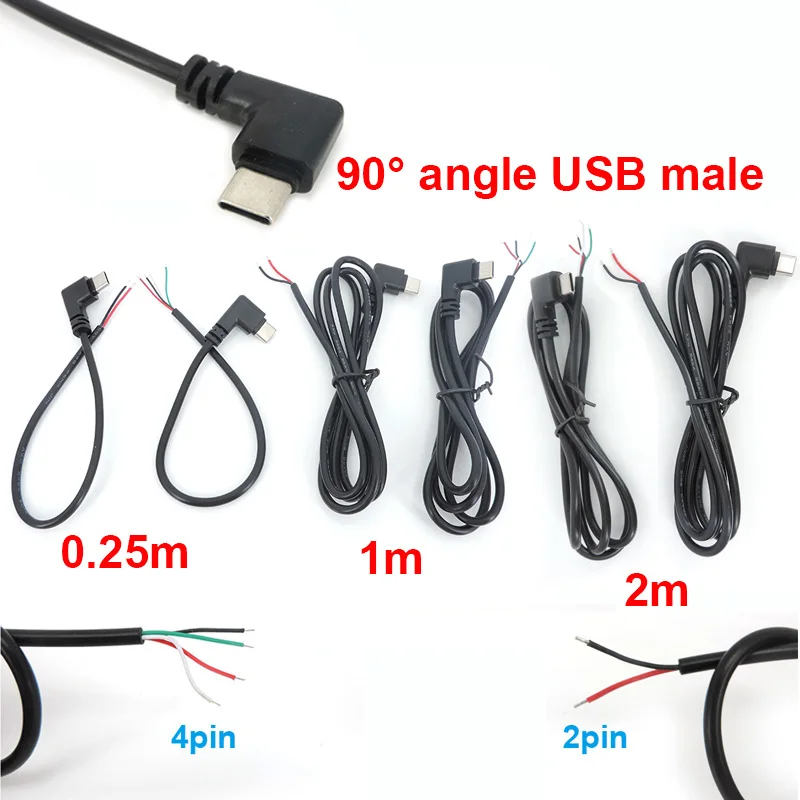 USB 2,0 tipo C 2 pines 4 pines USB macho Cable de cabeza de codo enchufe de ángulo recto DIY fuente de alimentación cable de extensión de carga de datos - imagen 2