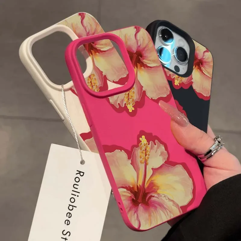 Funda de teléfono para iPhone 16 Pro Max XS X XR 15 14 13 12 11 16 15 Plus elegante funda suave de silicona con flor de hibisco rosa Lichee - imagen 3