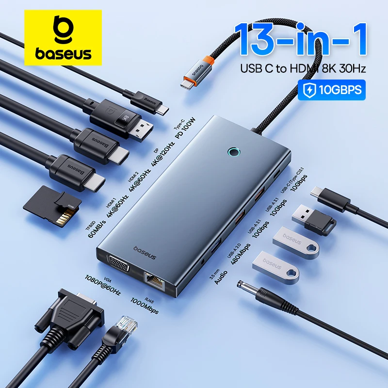 Baseus USB C Hub tipo C a HDMI USB HUB adaptador 13 en 1 DP 4K 60Hz 120Hz RJ45 VGA convertidor PD 100W USB A 3,1 2,0 para Macbook PC