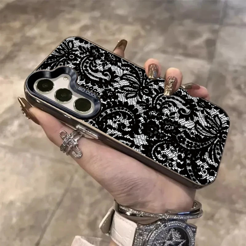Funda de teléfono láser negra de encaje a la moda para Samsung Galaxy A16 A26 A25 A24 A36 A35 A56 A55 A54 S25 FE S24 Ultra S23 Plus S22 - imagen 4