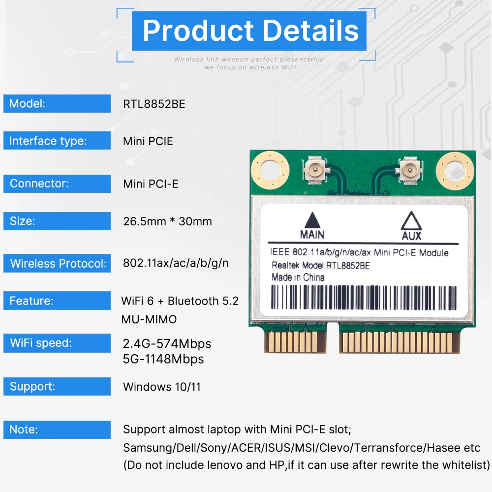 Fenvi WiFi 6 RTL8852BE Mini tarjeta de red PCI-E Bluetooth 5,2 AX1800 adaptador inalámbrico Wlan de doble banda 2,4G/5GHz para Windows 10/11 - imagen 2