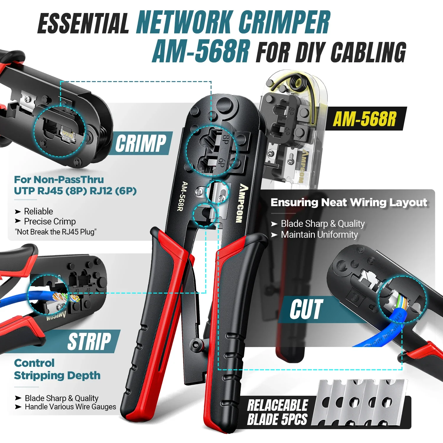AMPCOM Kit de herramientas de prensado Ethernet para conector CAT6/CAT5e RJ45 con pelador de cables/herramienta de perforación/probador de cables TEL/LAN - imagen 2