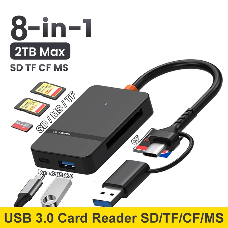 Lector de tarjetas USB 3,0 SD Micro SD TF CF MS adaptador de tarjeta Flash compacto para ordenador portátil PC lector de tarjetas múltiples 8 en 1 lector de tarjetas inteligentes