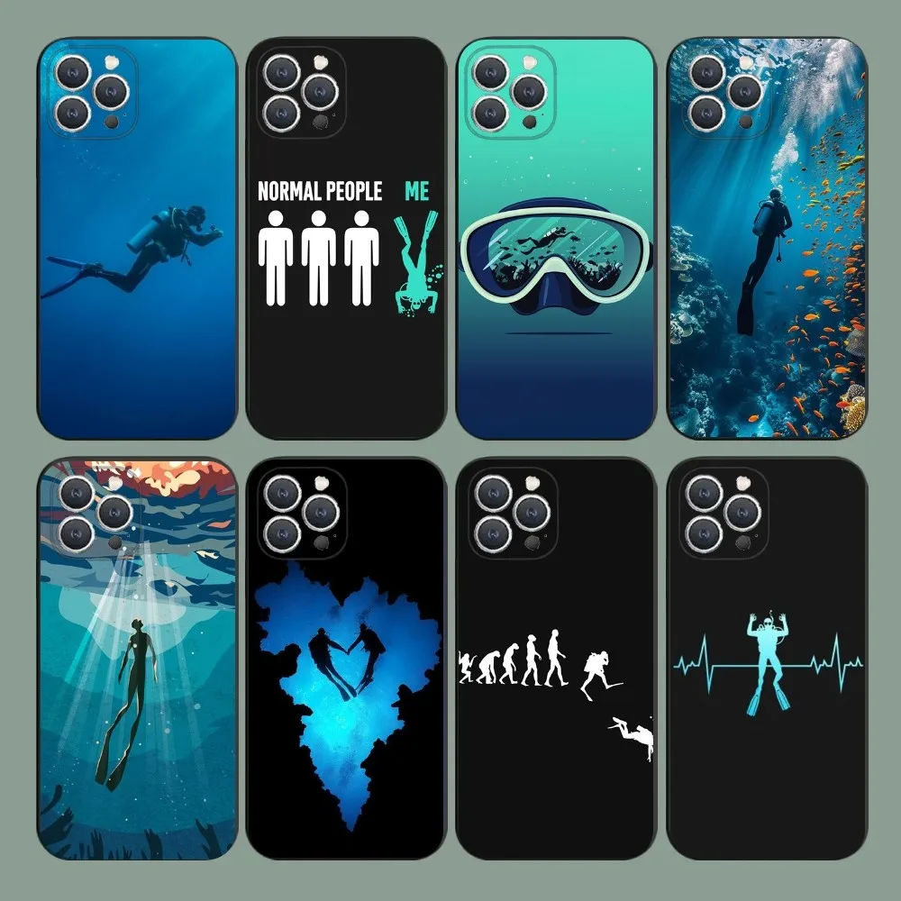Funda de teléfono de buceo para iPhone 15,14,13,12,11,Plus,Pro Max,XS,XR,SE,Mini,8,7 funda negra de silicona suave