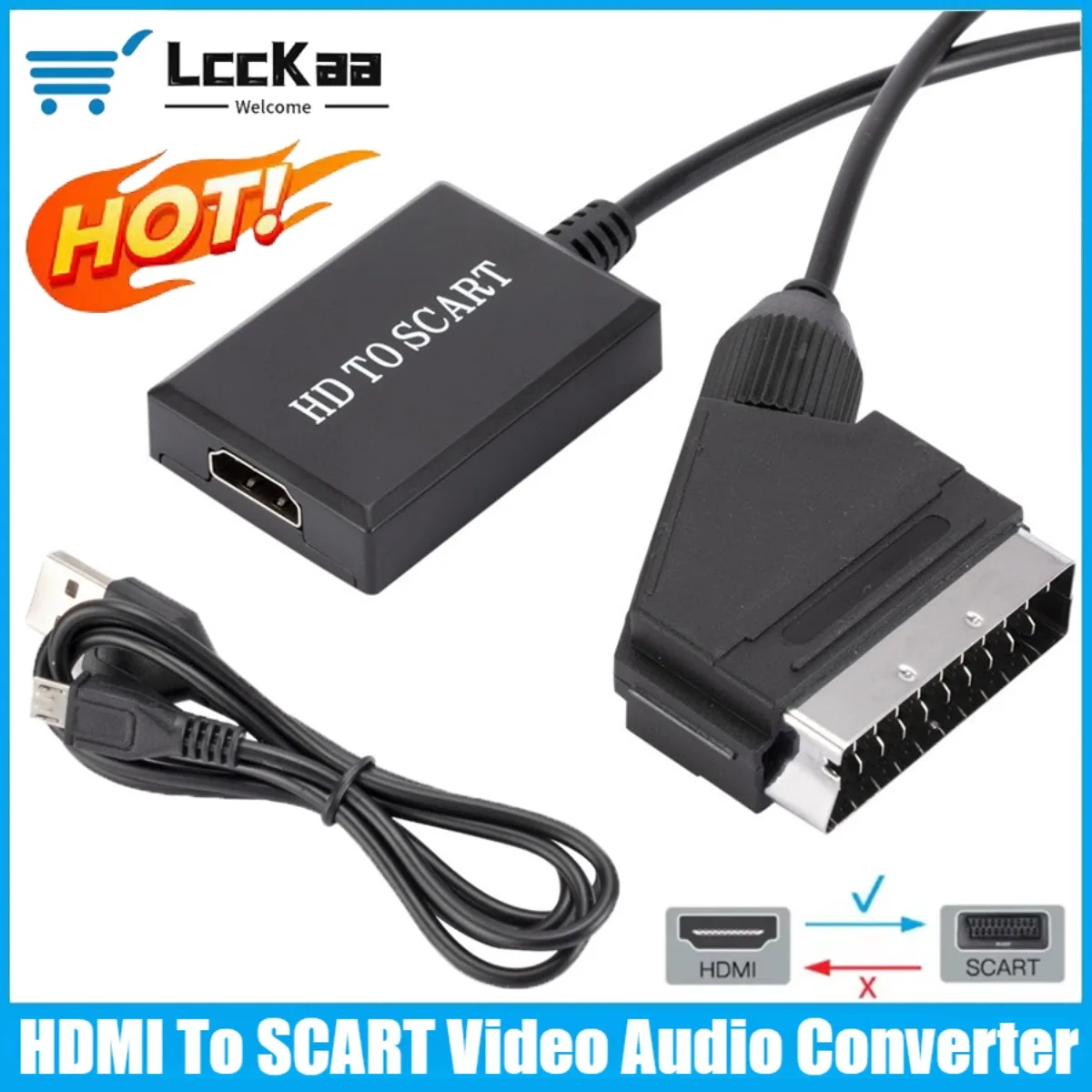 LccKaa 1080P HDMI a adaptador SCART Adaptador convertidor de Audio y vídeo para HD TV DVD para Sky Box STB Plug and Play Cable DC de lujo