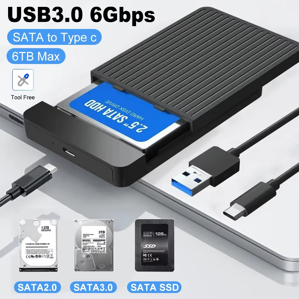 Caja SSD de 2,5 pulgadas, adaptador de unidad de disco duro externo, carcasa SATA HDD USB C 3,1, 6Gbps para PC, MacBook, portátil, caja de almacenamiento de disco HD