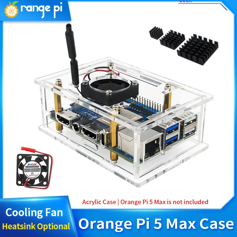 Disipadores de calor de aluminio para ventilador de refrigeración, caja protectora transparente de acrílico, naranja Pi 5 Max, opcional