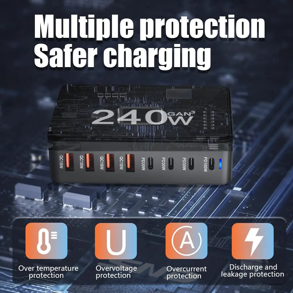 240W/300W GaN de escritorio de 8 puertos para cargador rápido de teléfonos móviles, adaptador de estación de carga rápida para Iphone/Samsung/Xiaomi, indicador LED - imagen 3