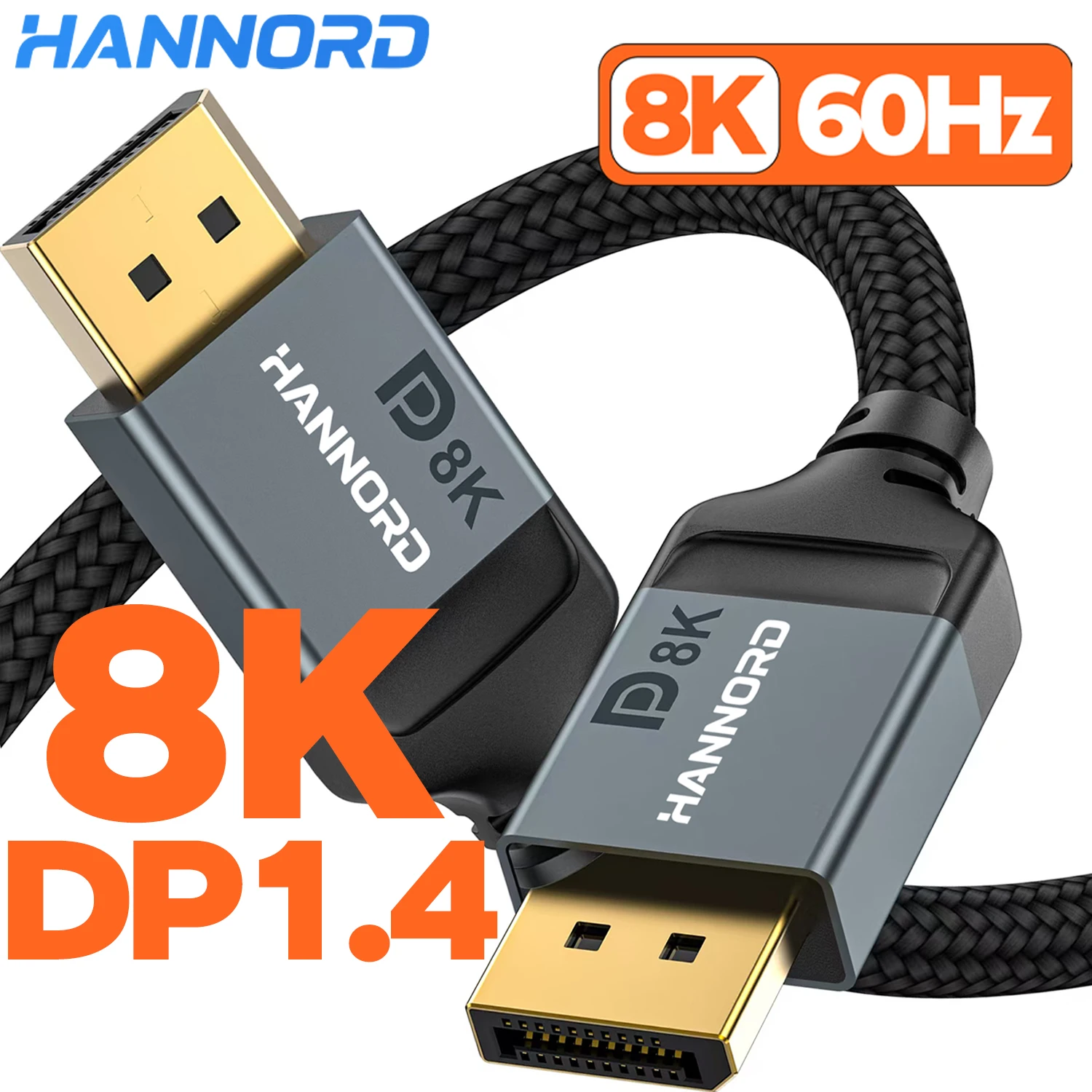 Hannord 8K DisplayPort 1.4 Cable 8K 60Hz 4K165Hz Cable DP de alta velocidad chapado en oro trenzado de nailon para monitores de juegos proyector TV