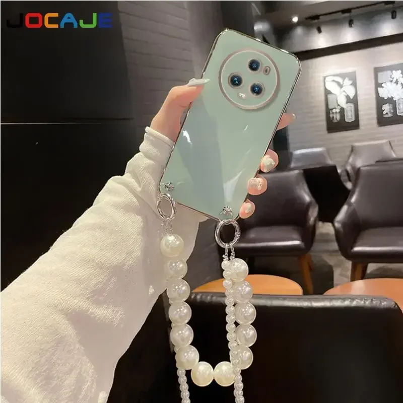Funda de silicona chapada para Huawei Honor Magic 5 Pro 7 6 Lite 7 Pro pulsera de cadena de perlas cordón cruzado funda protectora de lente