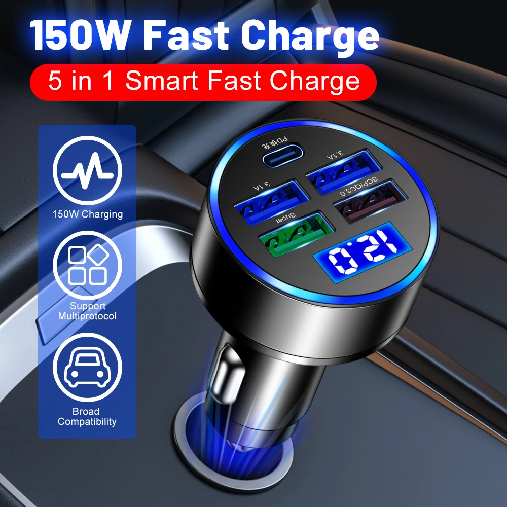 Cargador de coche de carga rápida de 150W y 5 puertos PD QC3.0 USB C, adaptador tipo C para teléfono de coche, para Xiaomi, Samsung, iphone, Huawei