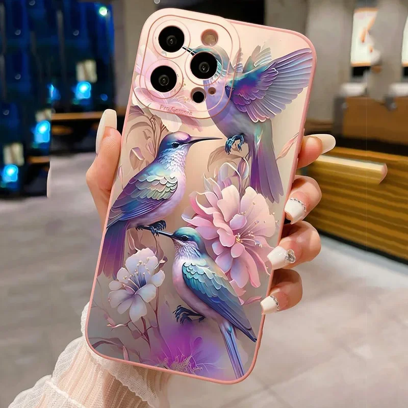 Funda de teléfono mate con diseño de pájaro y flores para iPhone 16 Pro Max 15 14 Plus 13 12 Mini 11 XS X XR 7 8 Plus SE 2022, funda de silicona suave - imagen 2