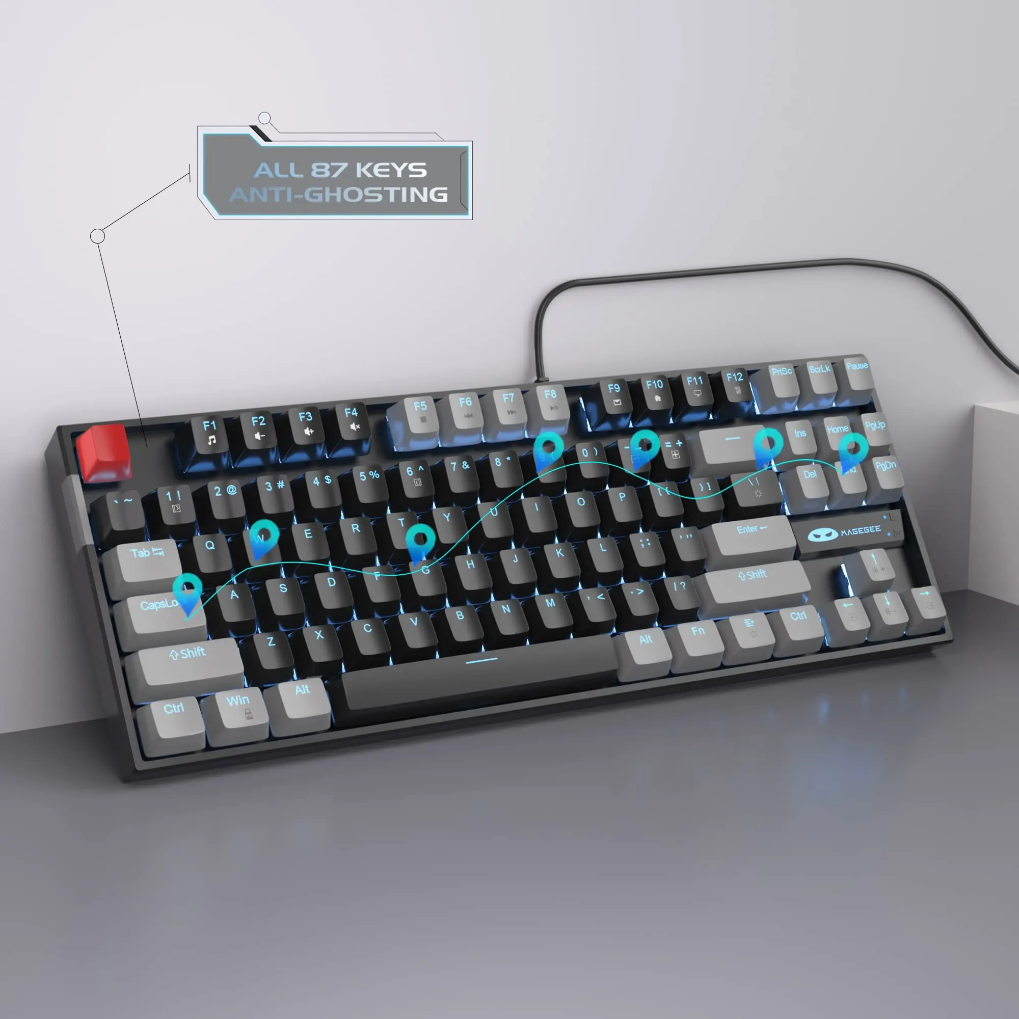 MageGee 75%-Teclado mecánico para juegos con interruptor azul/rojo, retroiluminado LED azul, 87 teclas, compacto, TKL, con cable, para PC con Windows - imagen 2