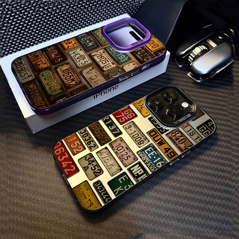 Funda de teléfono IMD plateada electrochapada con patrón de matrícula de coche Vintage para iPhone 11 12 13 14 15 16 Pro Max 7 8 Plus X XS XR
