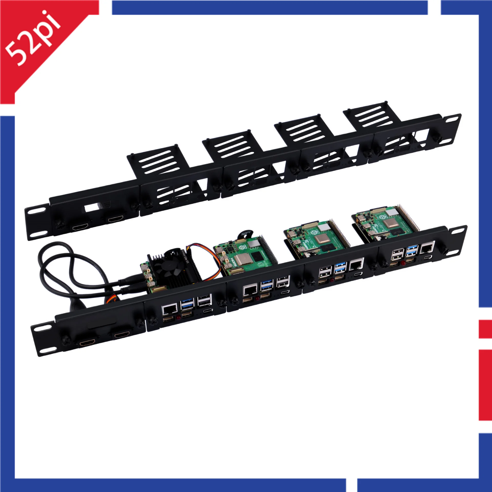 Kit de soporte de acero para montaje en rack 52Pi 1U para Raspberry Pi 5 19 pulgadas 4 ranuras M.2 NVMe SSD 2230/2242/2260/2280