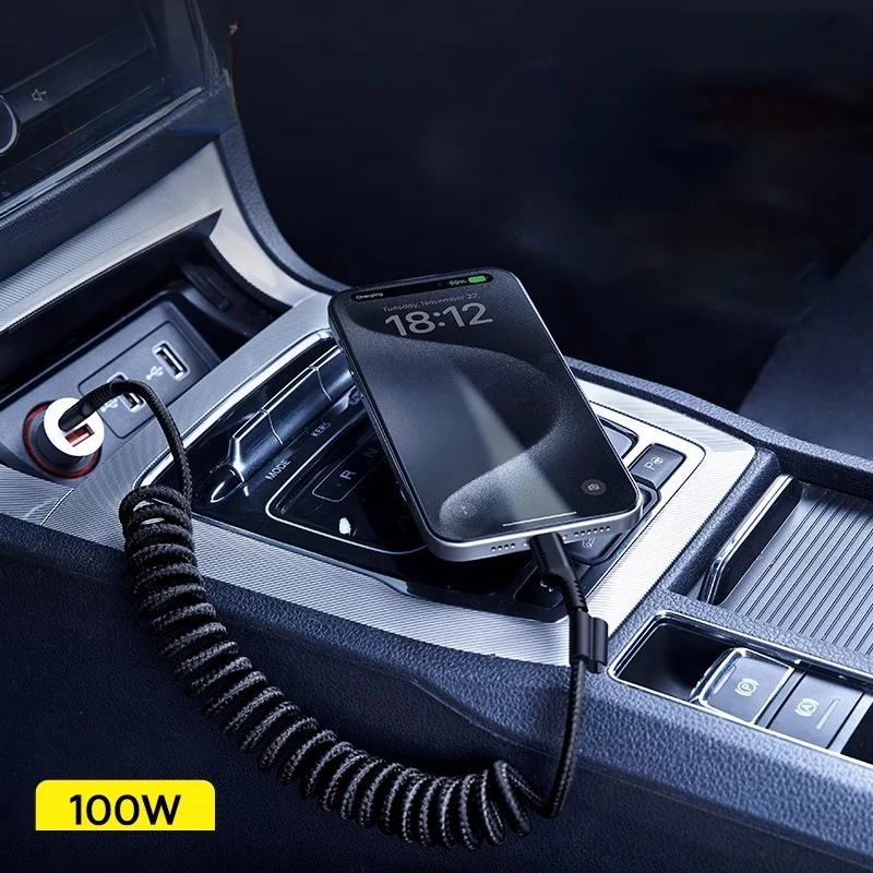 Spring Car Carplay Cable For iPhone16 Pro Max Huawei Xiaomi Mobile Phone Flash Charging Typec Fast Charging