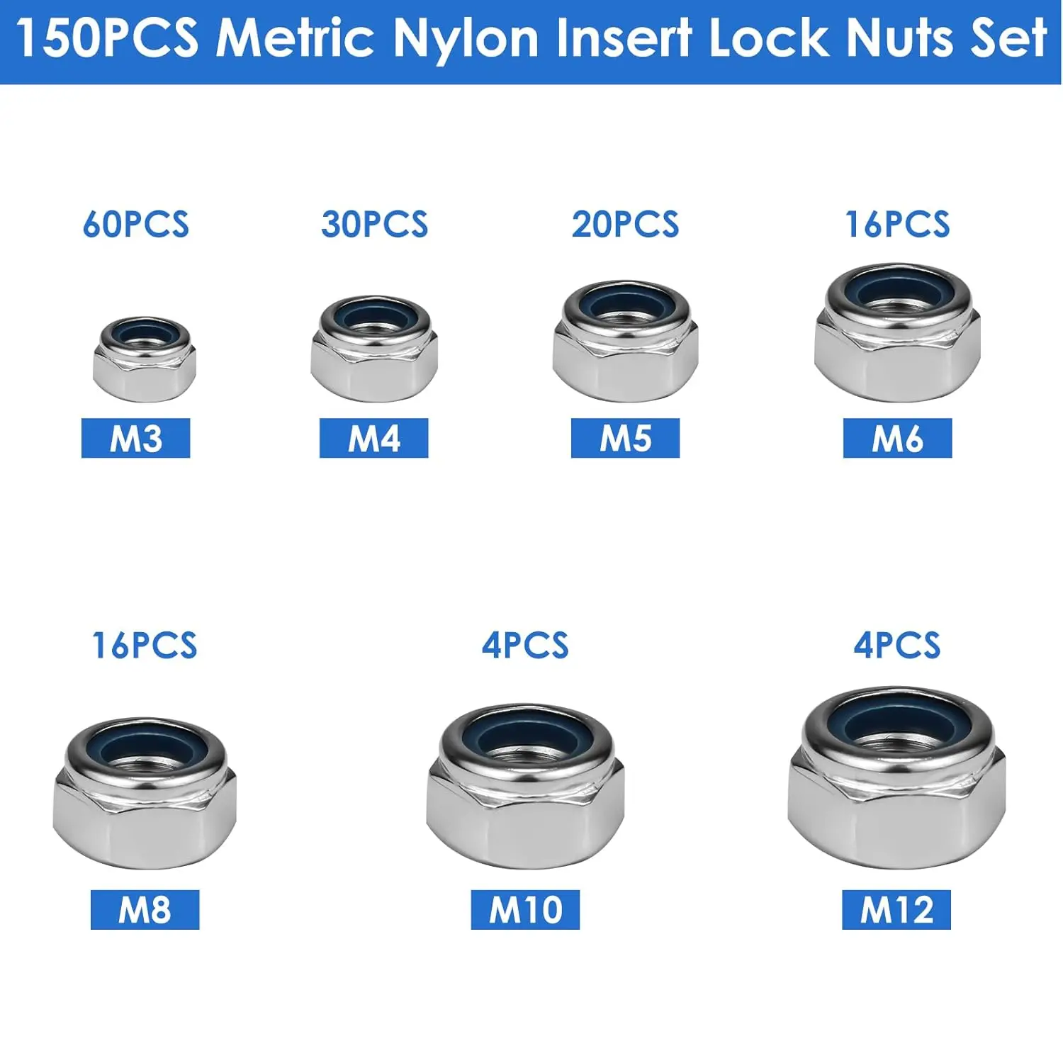 Kit surtido de tuercas de seguridad de 150 Uds., tuercas autoadhesivas de acero inoxidable 304, M3, M4, M5, M6, M8, M10, M12 inserto de nailon métrico de 7 tamaños - imagen 3