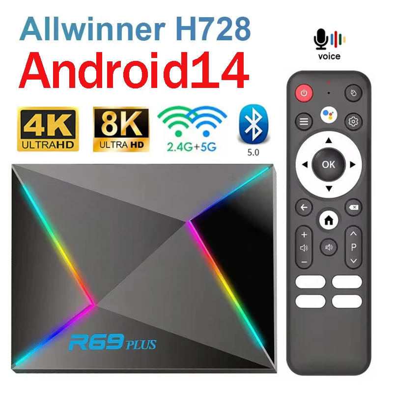 R69 Plus TV Box Ultra HD 4K 8K Allwinner H728 Octa Core 4GB 64GB Android 14 4G 5G 1000M LAN BT5.0 Control de voz decodificador iptv