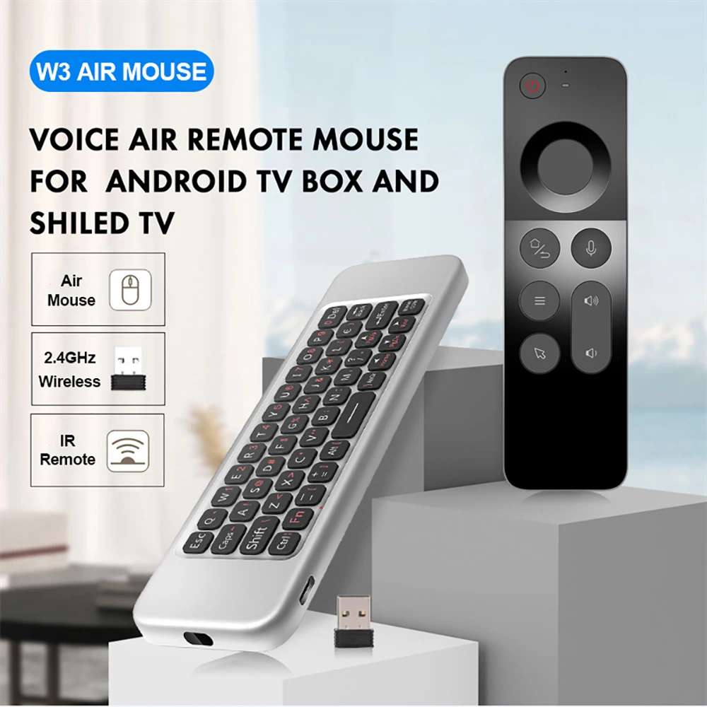 Giroscopio inalámbrico W3 2,4G, ratón de aire IR, Aprendizaje por voz inteligente, Control remoto, Mini teclado de TV remoto para Android Smart TV Box PC