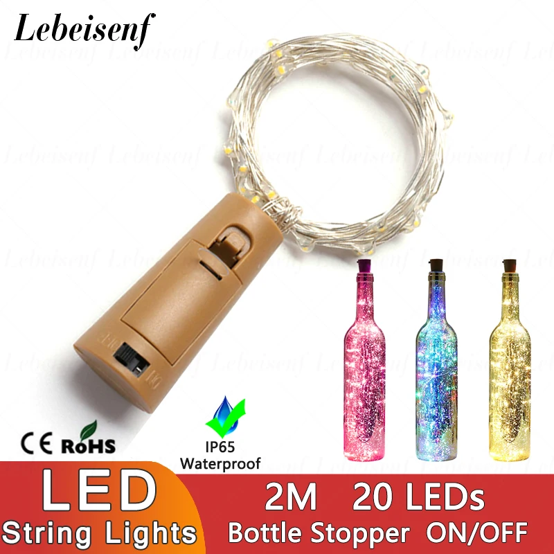 Guirnalda de luces LED con tapón para botella, colorido y monocromático, IP65, resistente al agua, 2M, 20 LED de encendido/apagado para decoración del hogar, fiesta de Navidad
