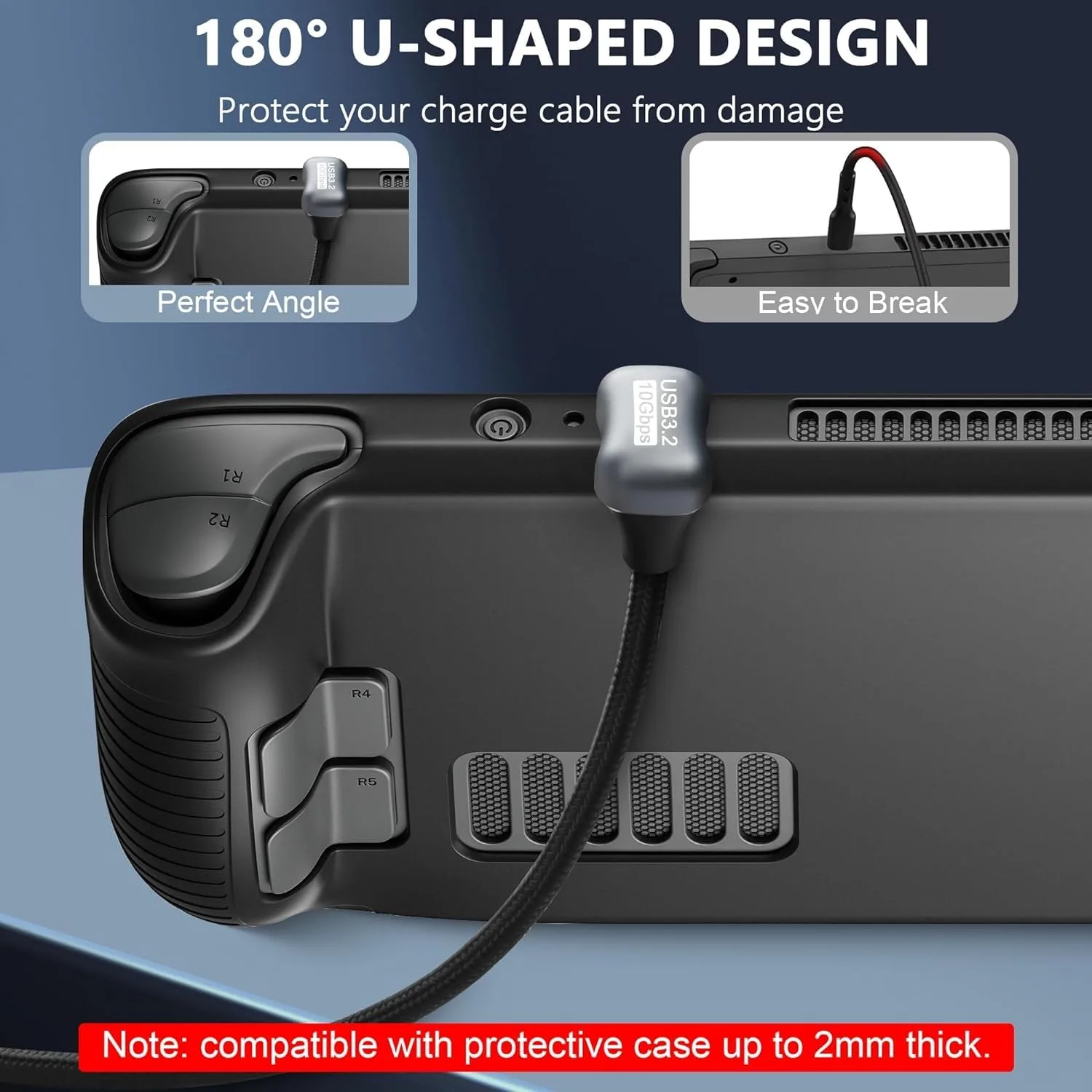 Cable de carga rápida USB C PD 100W en forma de U, USB tipo C en ángulo de 180 grados, 3,2, 10Gbps, 4K @ 60Hz, Cable de pantalla para portátiles, teléfonos VR, almohadillas - imagen 3