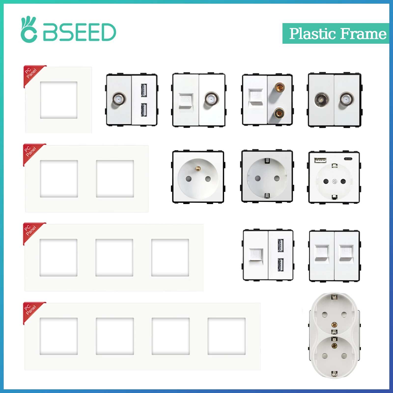 BSEED-tomacorrientes de pared, piezas de Panel de plástico, blanco, USB, CAT5, Internet, TV, función ST, enchufe de pared, estándar de la UE, combinación DIY