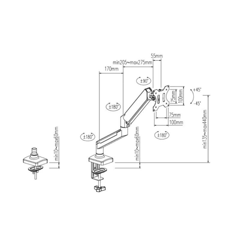 D-MOUNT D80 aluminio metálico 2-10KG 13 "-32" monitor soporte de escritorio brazo de resorte de gas abrazadera giratoria de movimiento completo ojal de 0-60mm - imagen 3