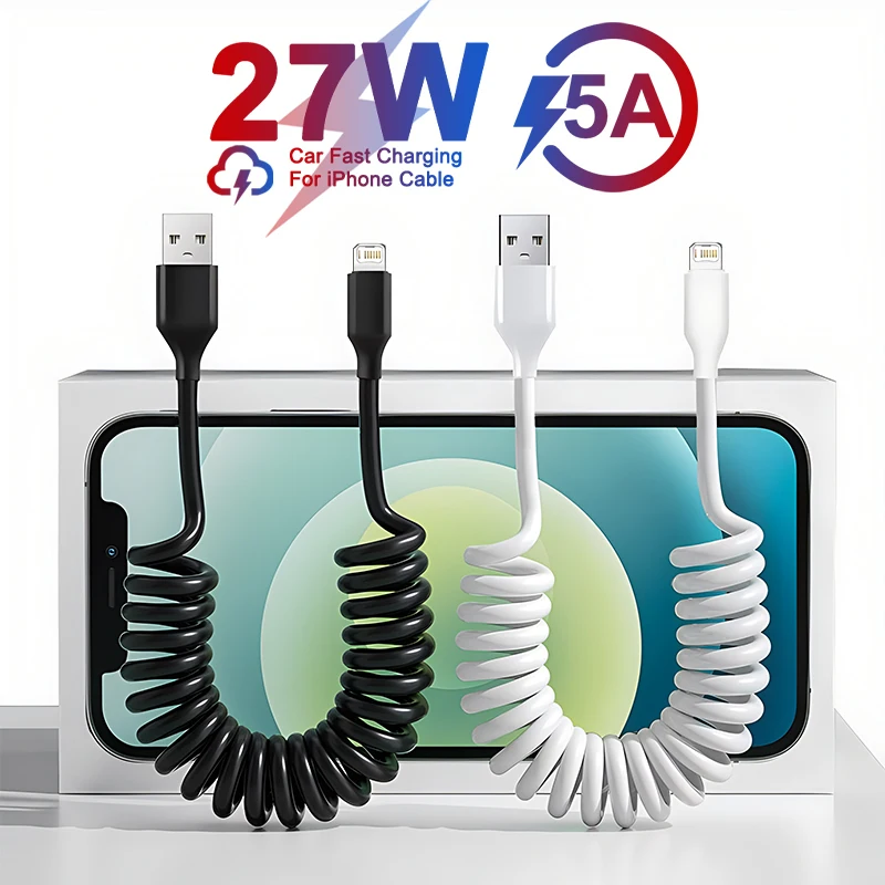 PD 27W Coche USB Primavera Stretch Cable Para el iphone 13 12 11 14 Pro Max Teléfono Cargador de Carga Rápida Cable X XR XS 7 8 Plus Cable de Datos