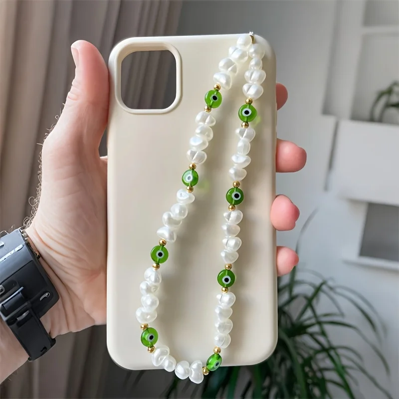 Abalorio para teléfono con perlas de mal de ojo único y elegante, colgante de cuentas irregulares hecho a mano con perlas de imitación coloridas para regalo de moda para mujer - imagen 4