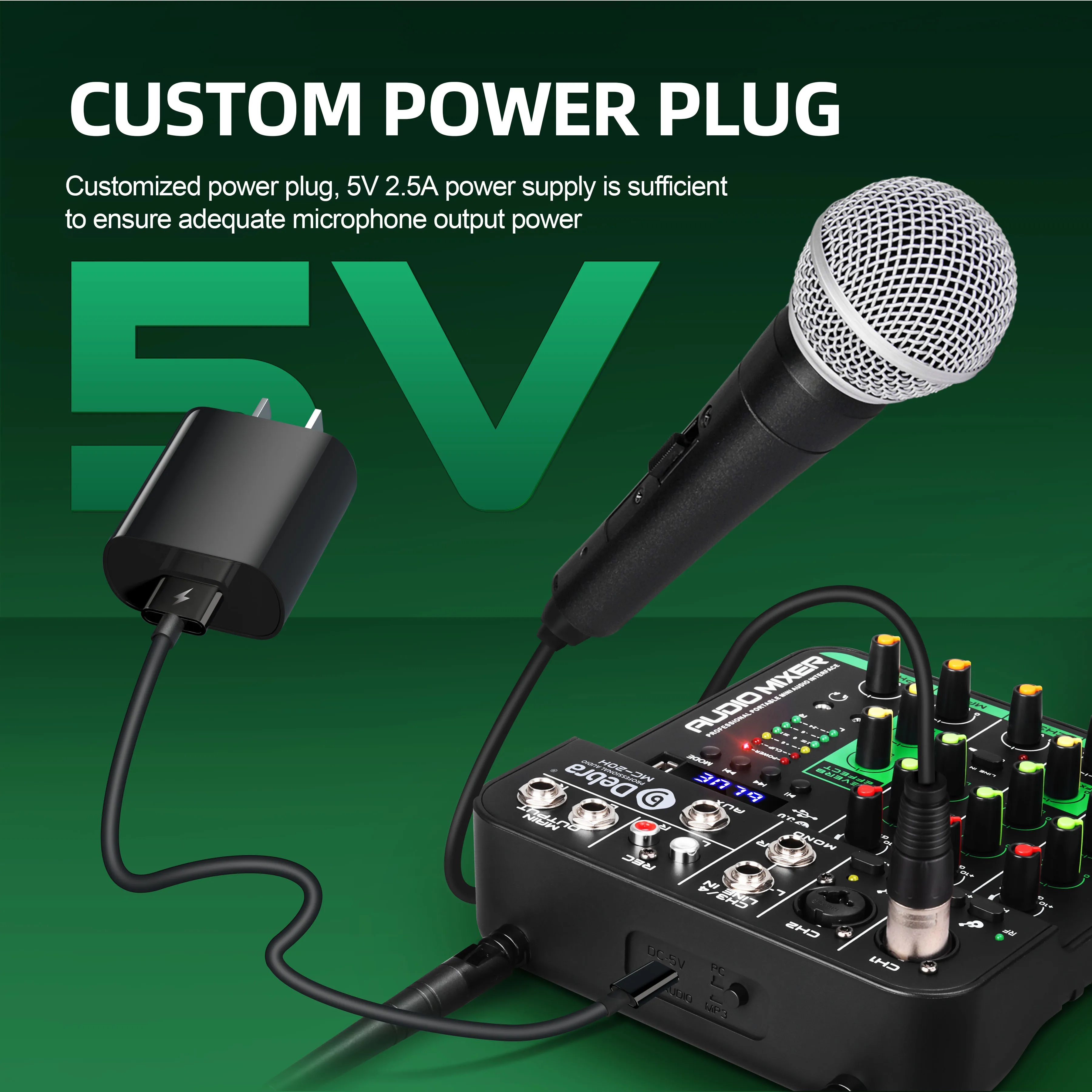 Consola mezcladora de sonido Debra de 4 canales con 2 micrófonos inalámbricos, interfaz de audio USB, efectos de retardo/repetición para PC y actuaciones en vivo - imagen 3