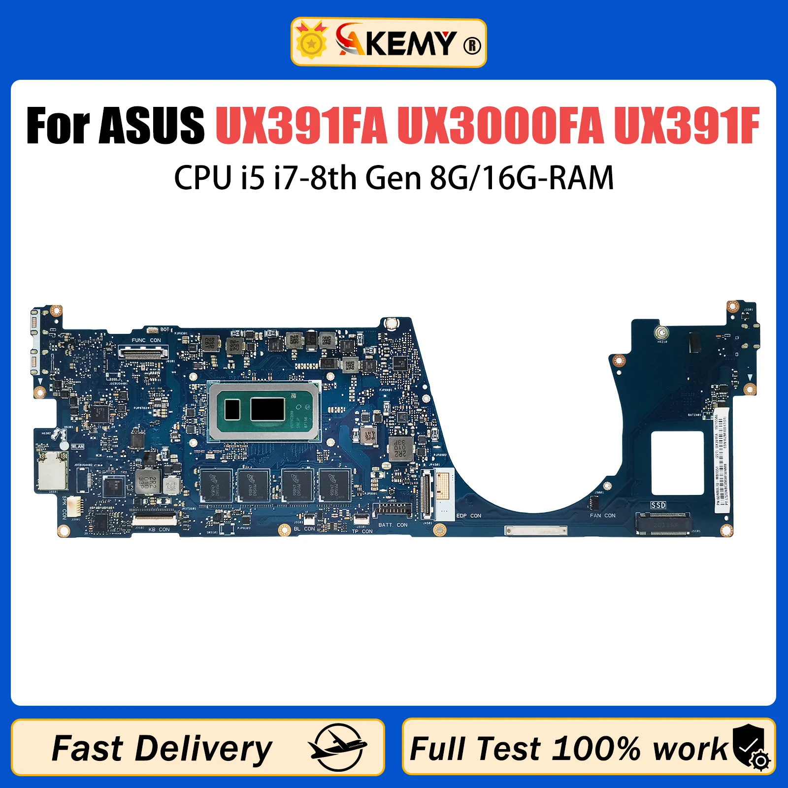 Placa base para portátil AKEMY UX391FA para Asus ZenBook UX3000FA UX391F UX391FA placa base para portátil con CPU i5 i7-8th Gen 8G/16g ram