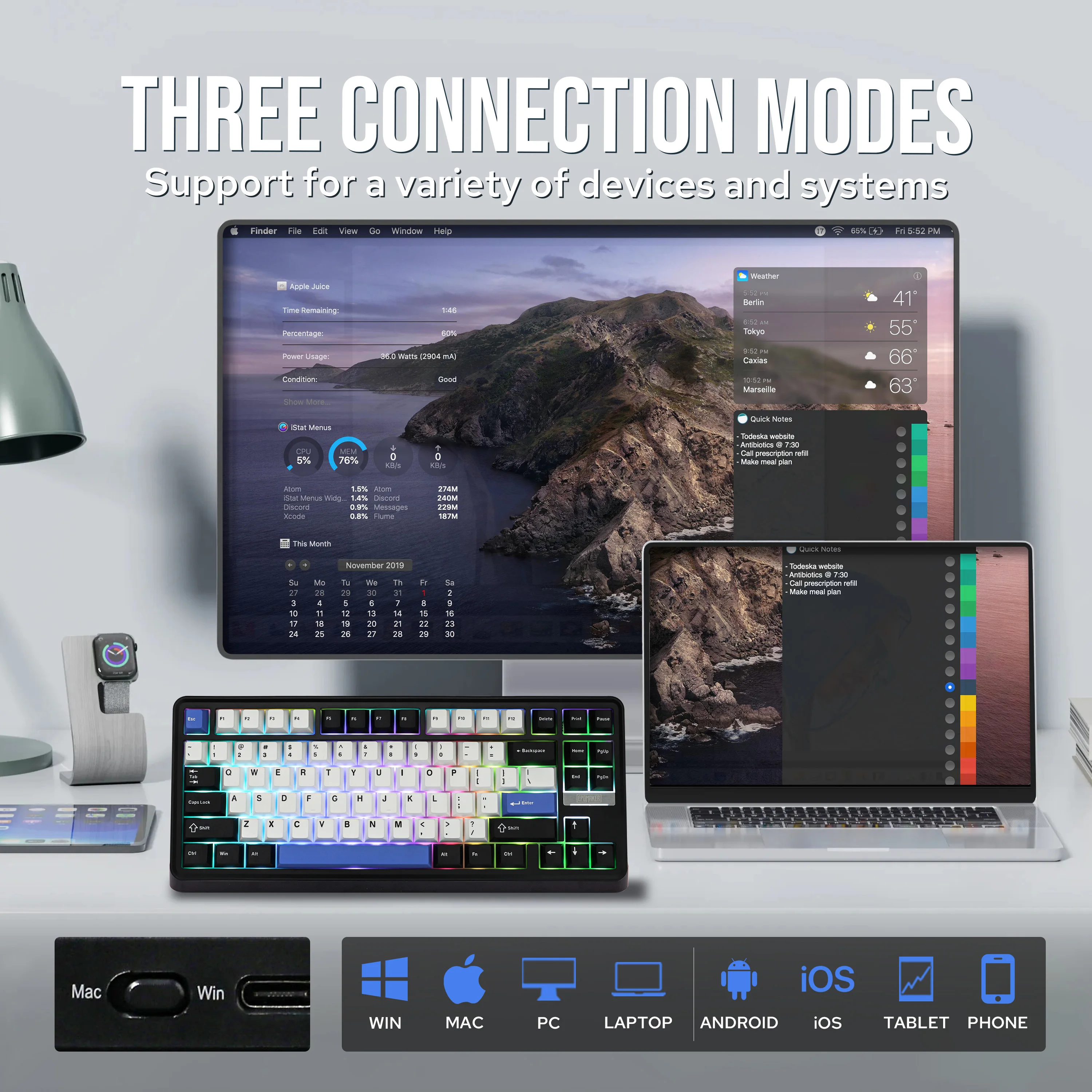 EPOMAKER TH85 80% QWERTY ANSI Layout VIA Junta Teclado mecánico inalámbrico USB/2,4 Ghz/BT5.0 con cable intercambiable en caliente para oficina/juegos - imagen 4