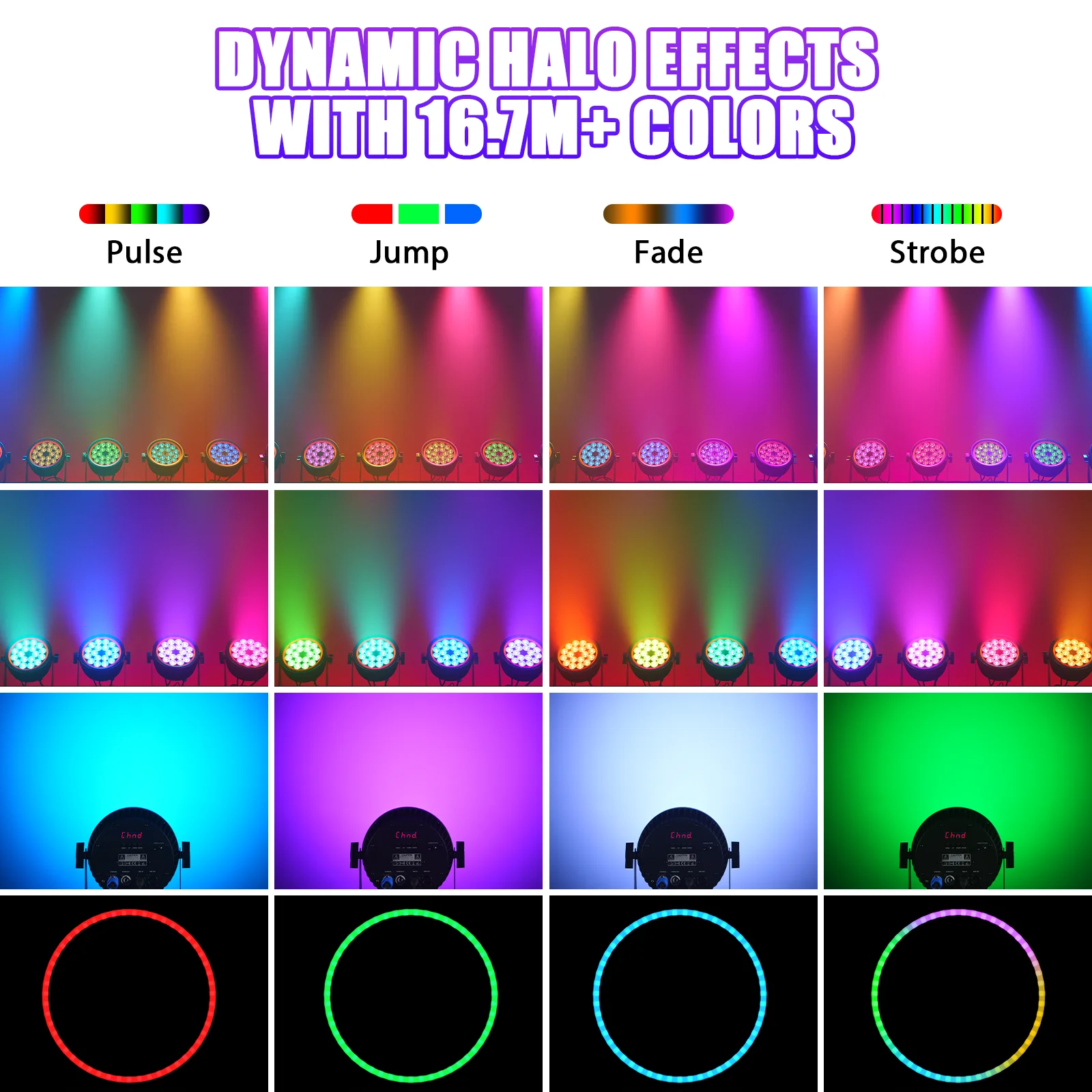 U'King 1/2/4 Uds 200W luces Par silenciosas 18X10W RGBW LED 16,7 M + luces de escenario de colores con anillo RGB DMX512 para fiesta de boda KTV Bar - imagen 4