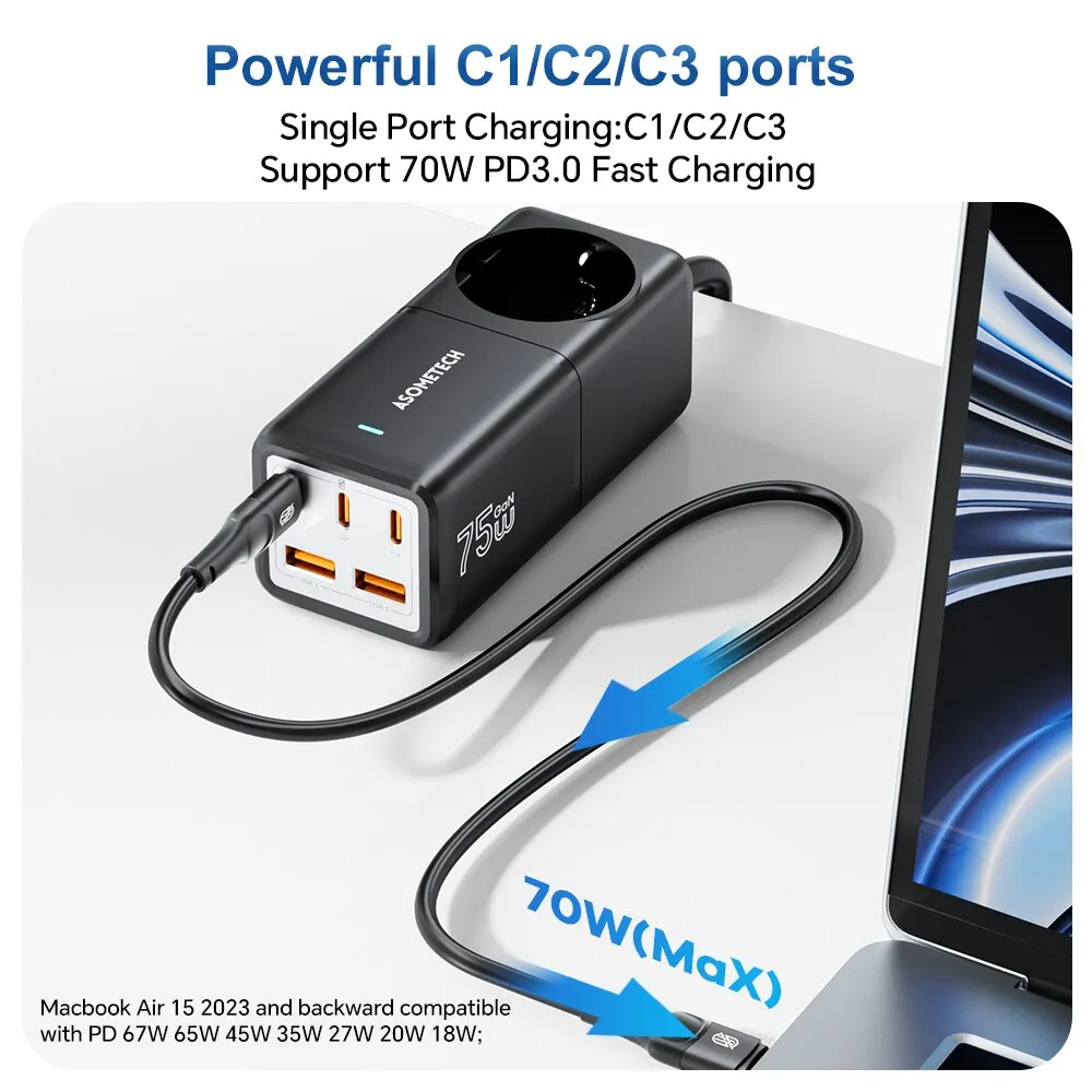 ASOMETECH-cargador de escritorio GaN de 75W, estación de carga de tira de alimentación de 4000W, potencia nominal de 70W, PD, Cargador rápido para iPhone, Samsung, portátil - imagen 3