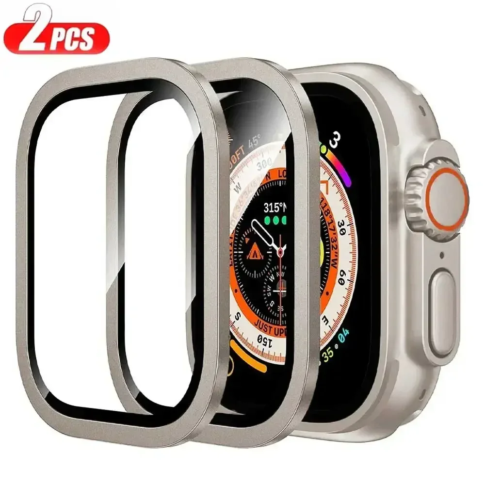 2 uds vidrio templado para Apple Watch Ultra 49mm marco de Metal de titanio película antiarañazos Serie Ultra 2 accesorios protectores de pantalla - imagen 4